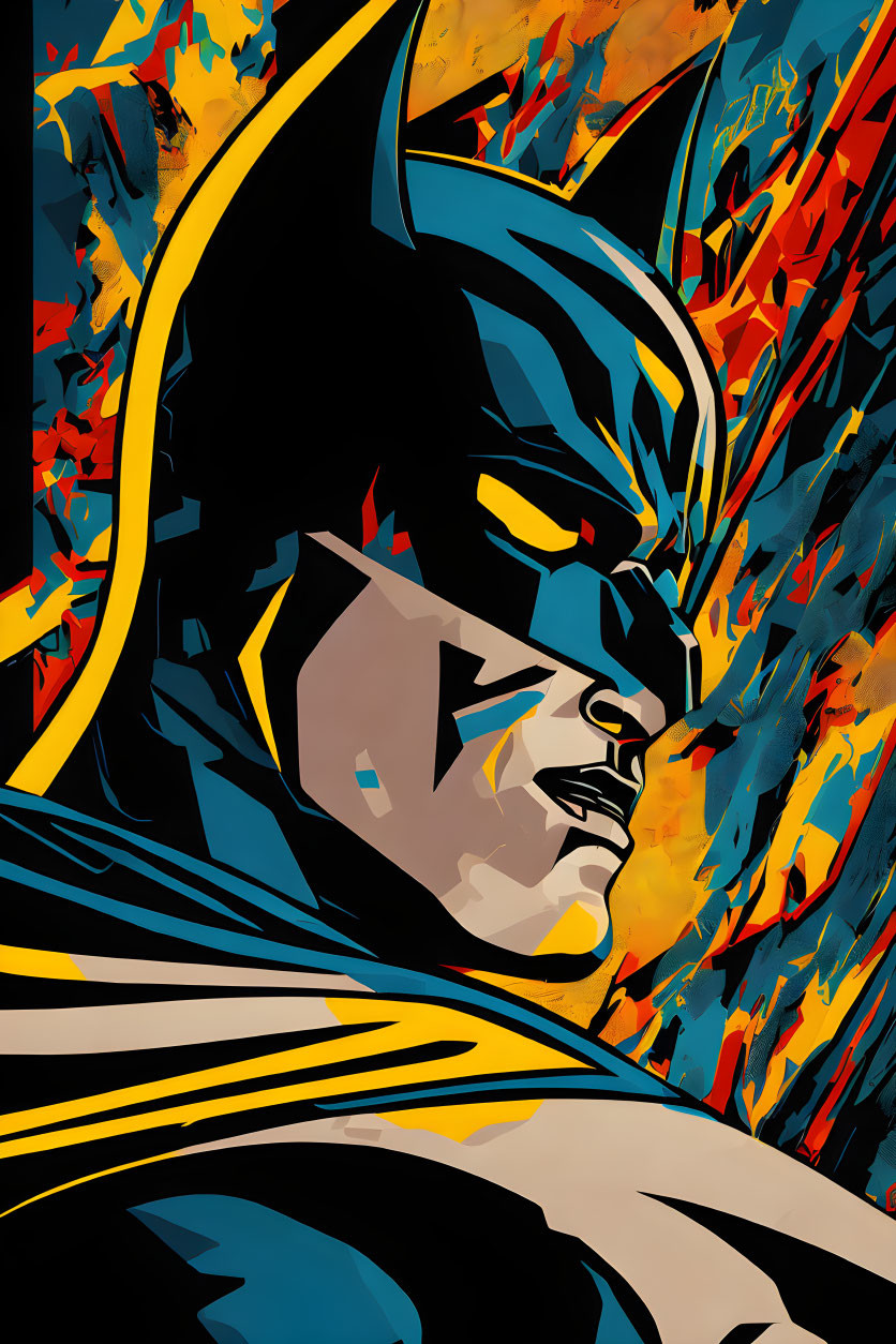 Colorful Batman Illustration with Bold Shapes and Abstract Background