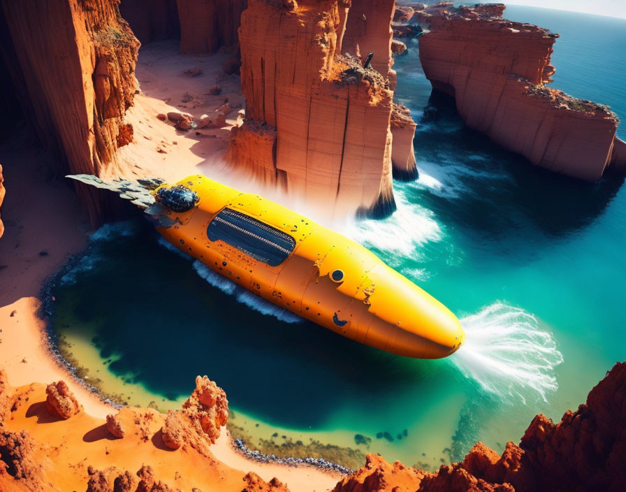 Yellow submarine near red cliffs in clear blue water under bright sun