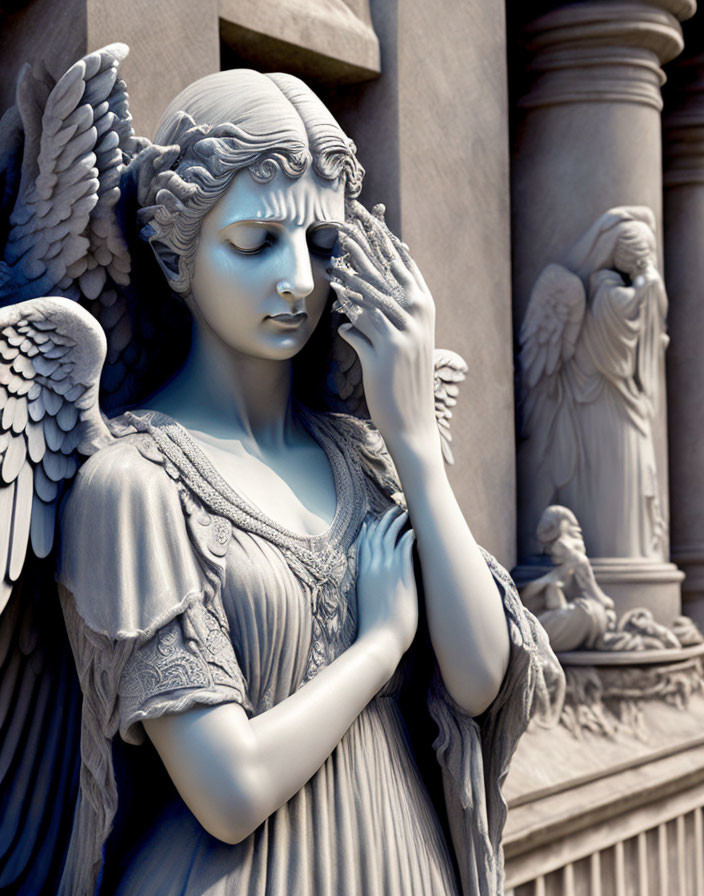 Blue-tinted sorrowful angel sculpture with wings against architectural background