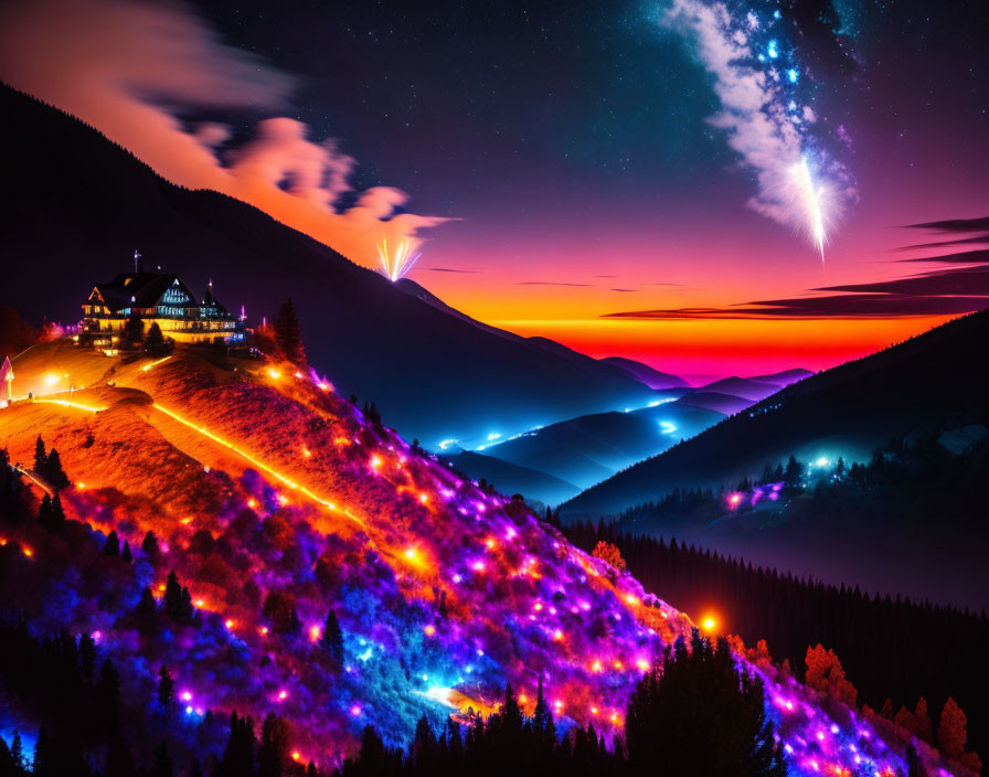 Colorful Sunset Over Mountain Lodge in Vibrant Nightscape