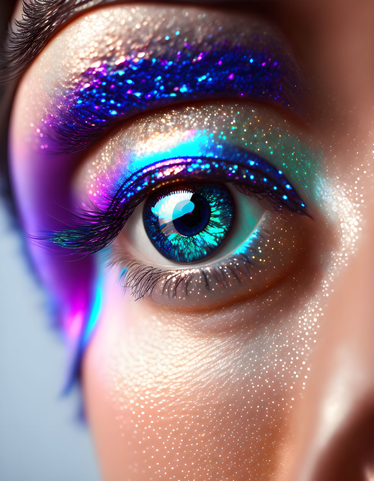 Vibrant turquoise eye with glittery makeup and purple eyelashes.