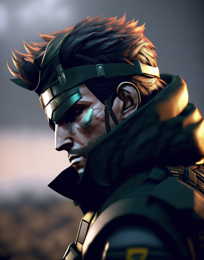 Close-up 3D-rendered male character with spiky hair, headband, and ey