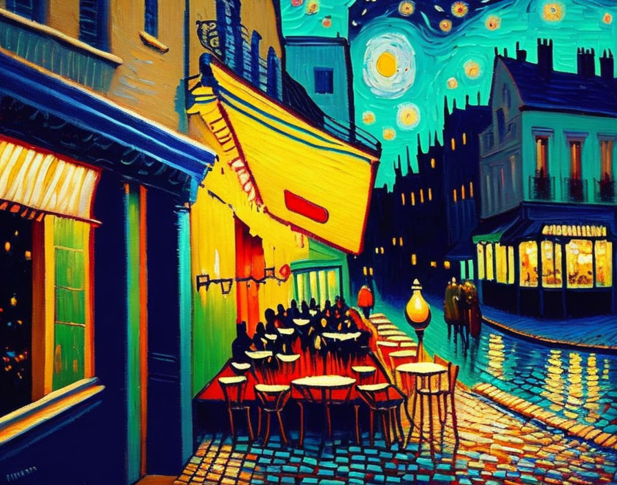 Colorful evening street scene with starry sky and outdoor cafe seating