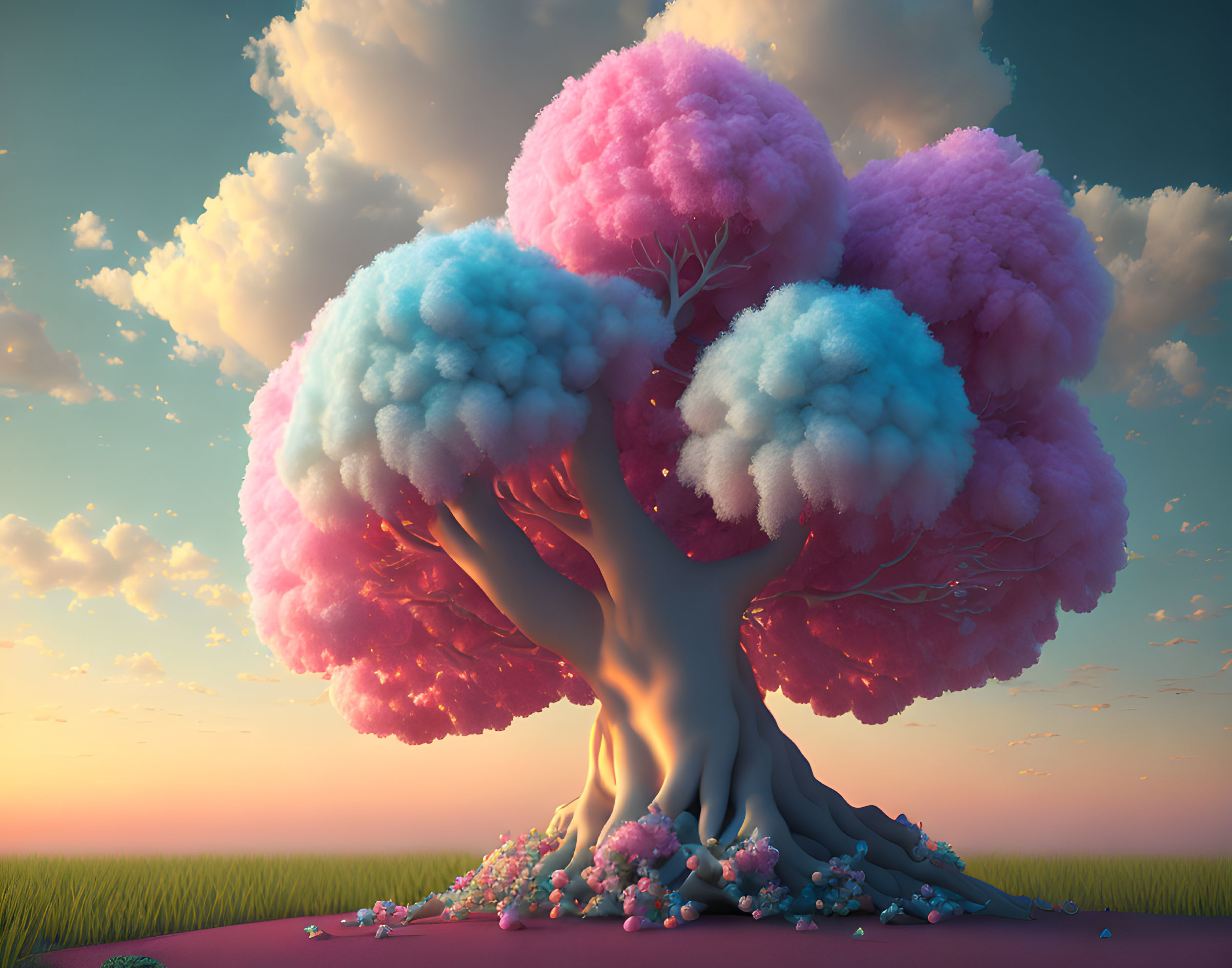 Whimsical tree with pink and blue cotton candy foliage in serene field