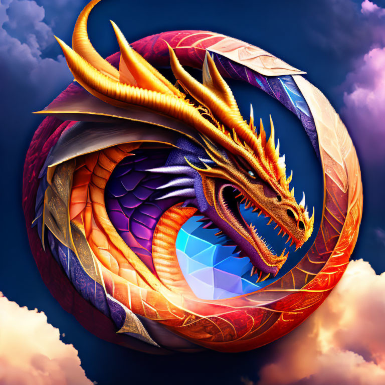 Colorful Dragon Digital Illustration with Kaleidoscopic Gem in Circular Formation