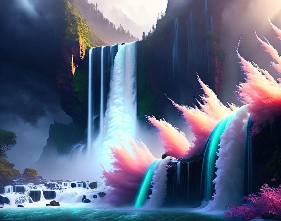 Multicolored waterfall cascading into serene river surrounded by lush cliffs.