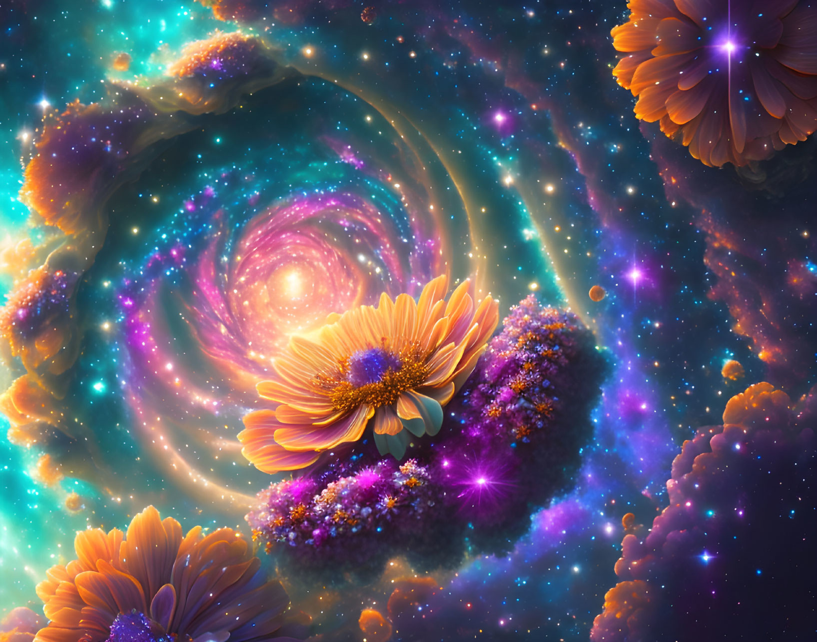 Colorful digital artwork: Orange flowers in cosmic galaxy