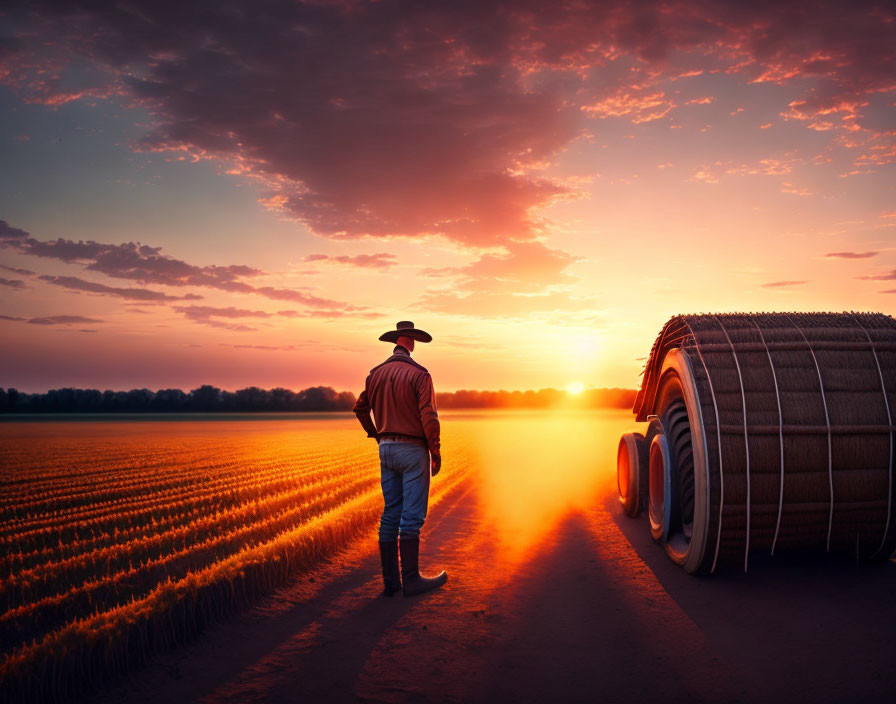 Farmer in field at sunrise with rolled hay bales and vibrant sky