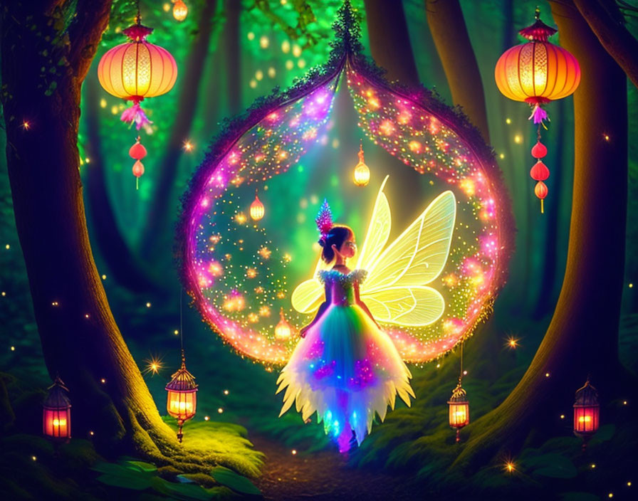 Colorful fairy with glowing wings in enchanted forest with lanterns and light orbs