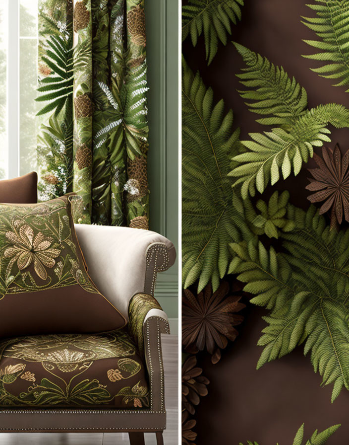 Botanical-themed interior with classic armchair and floral drapery