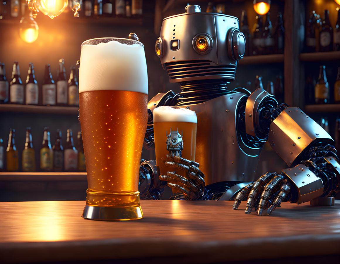 Humanoid robot sitting at a bar with a pint of beer and shelves of bottles