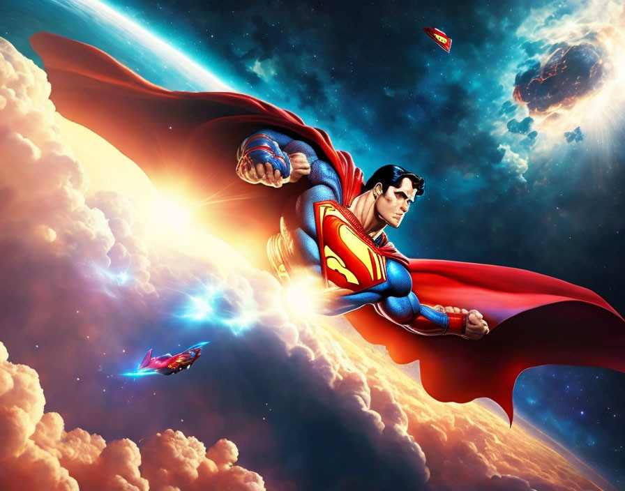 Superman flying with cape in sky, planet and figure in background