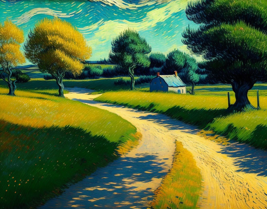 Colorful Landscape Painting with Winding Path and Small House