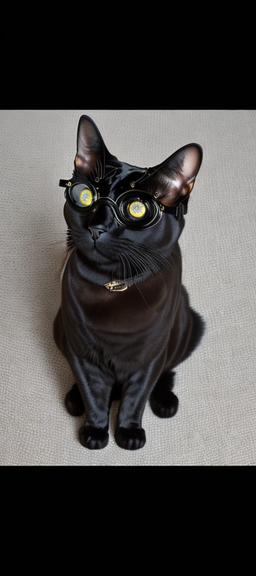 Black Cat with Golden Eyes in Round Glasses on Beige Carpet