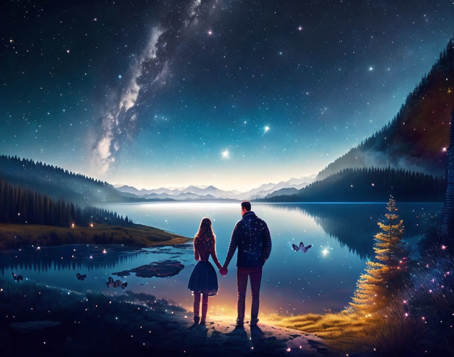 Couple Holding Hands Under Starry Sky by Lake with Glowing Butterflies