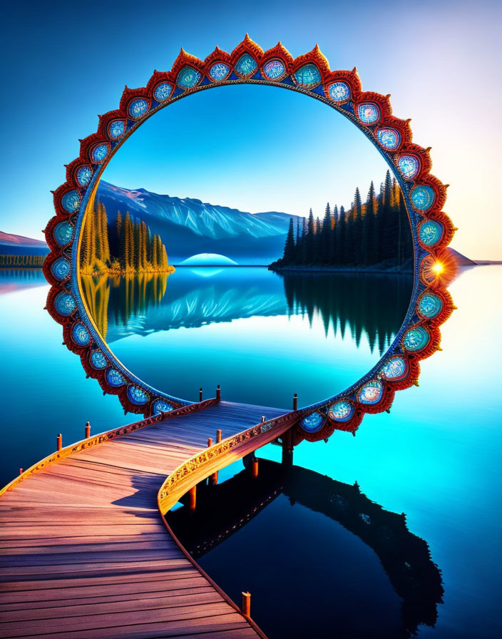 Circular Frame: Serene Lake & Mountain Sunset Scene