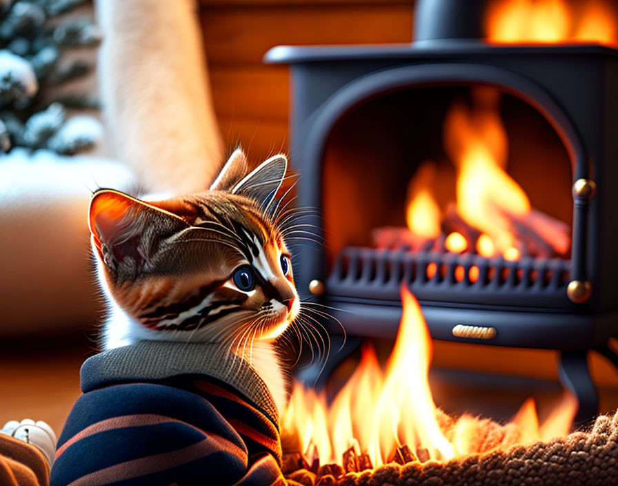 Adorable kitten in sweater by cozy wood-burning stove