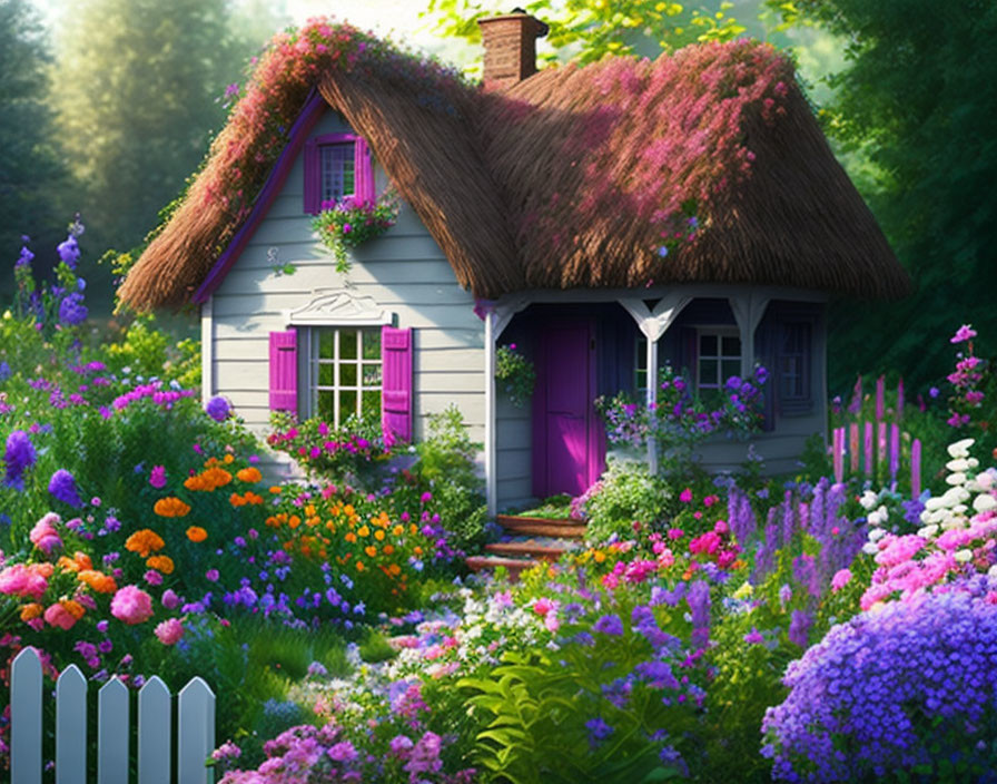 Thatched-Roof Cottage with Colorful Garden and Picket Fence