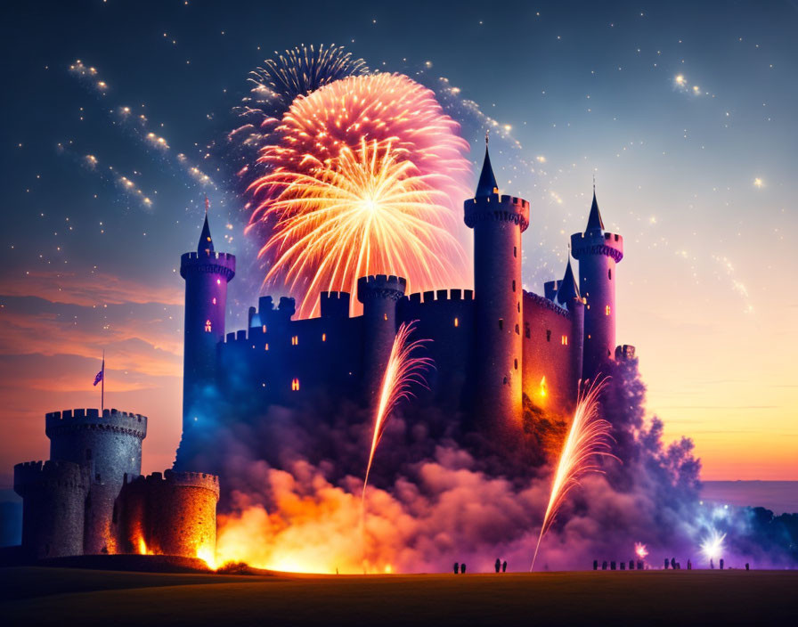 Majestic castle with illuminated towers at twilight with fireworks and stars