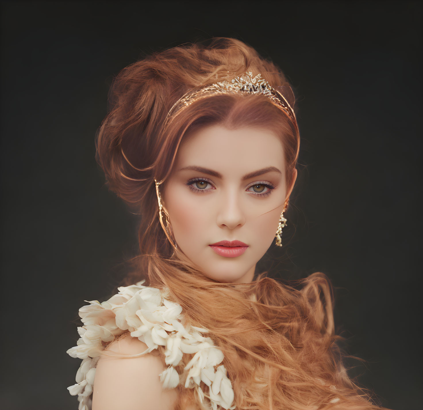 Elaborate hairstyle woman with tiara and gold earrings