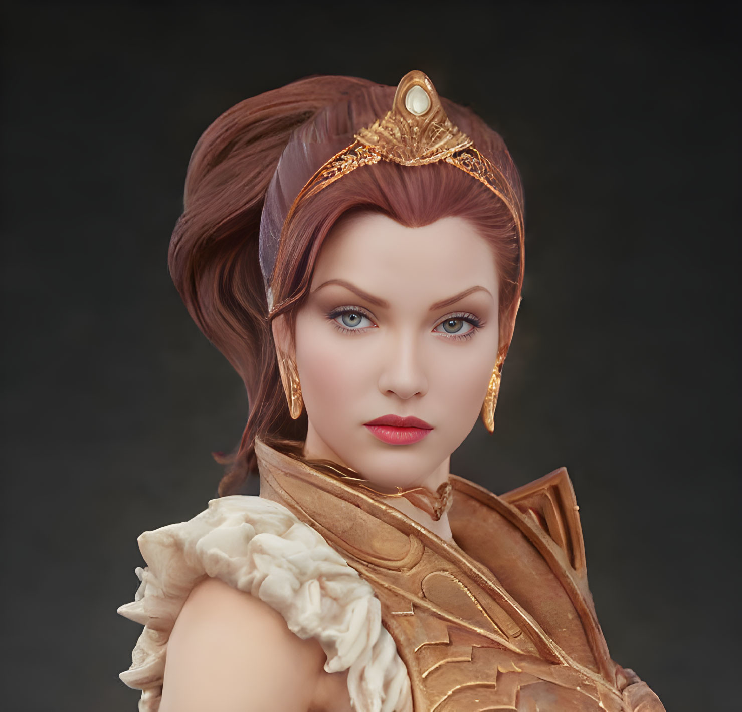 Regal woman in gold armor and crown with elegant brunette hair