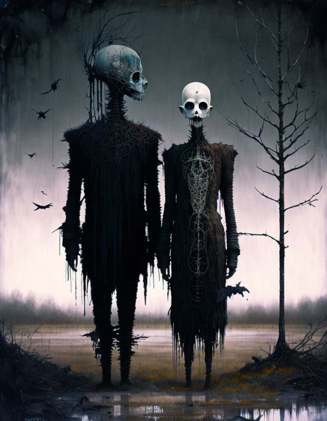 Elongated skeletal figures in misty, desolate landscape