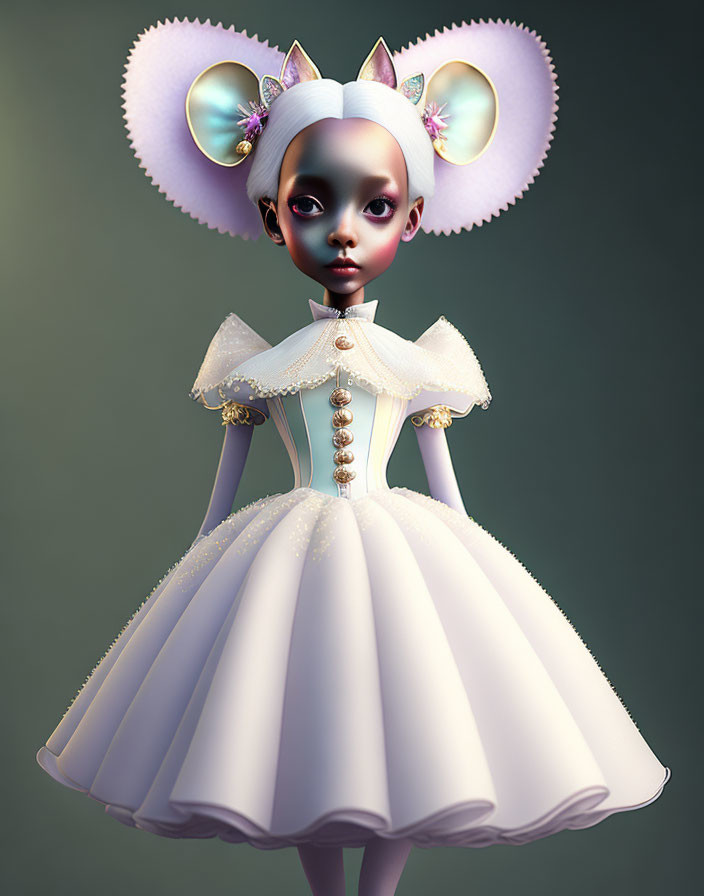 Stylized character in frilled dress with large ears on gradient background