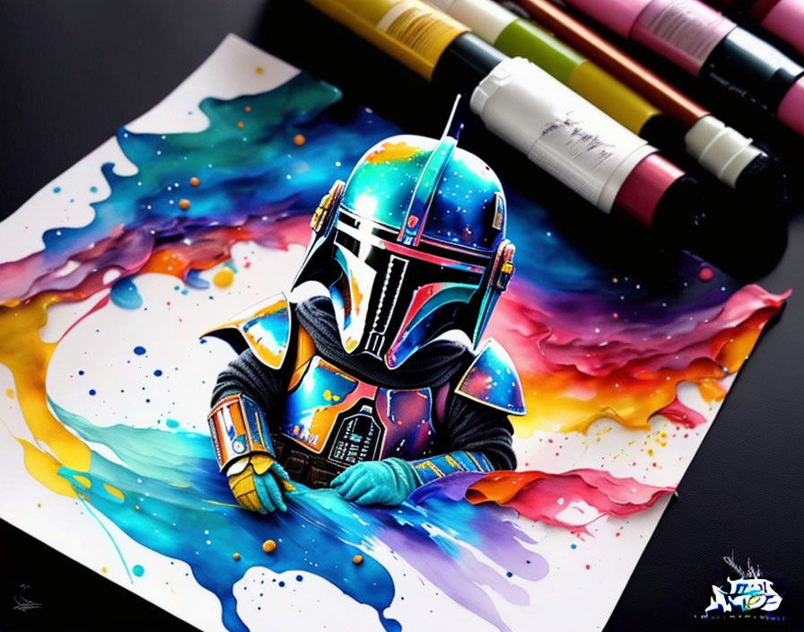 Vibrant Mandalorian character art with splattered inks and markers