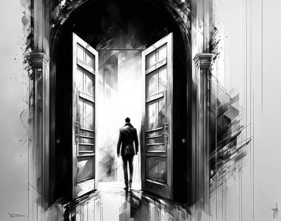 Monochromatic artwork of person walking towards bright doorway