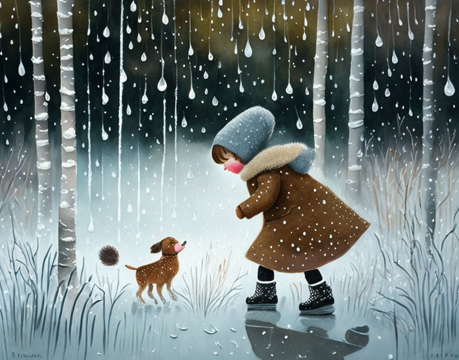 Child in Winter Coat and Hat with Small Dog in Snowy Forest