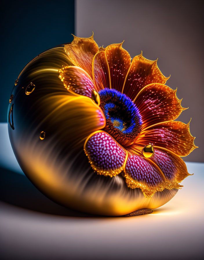 Golden spherical object with purple and orange petals on blue gradient background