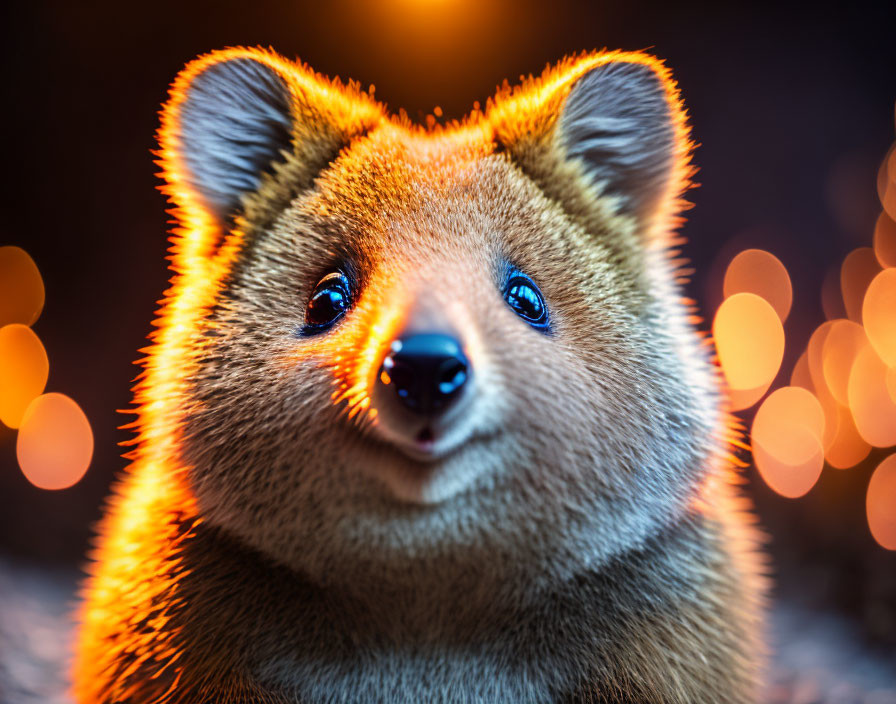 Quokka face with warm glow and bokeh lights, showcasing furry texture and friendly expression