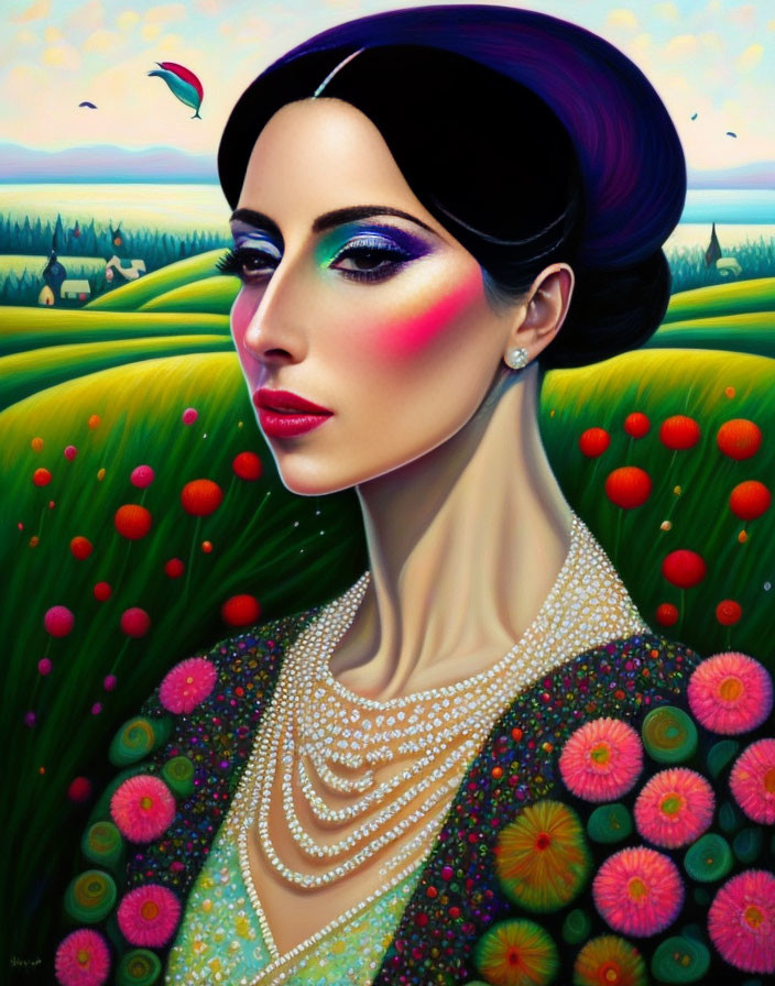 Colorful painting of woman with vibrant makeup and floral background