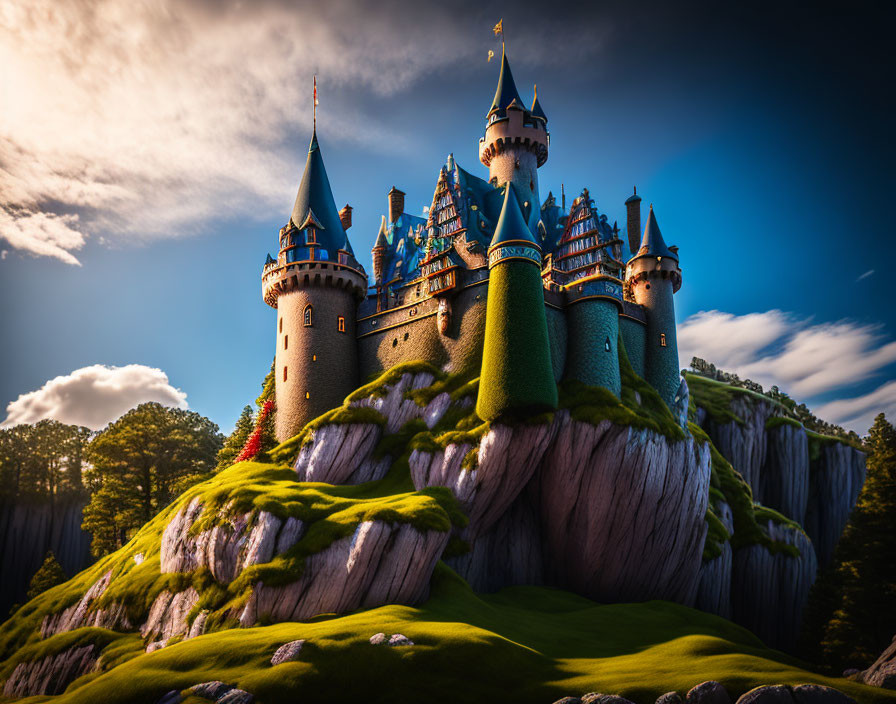 Fairytale castle with multiple spires on rugged hillock