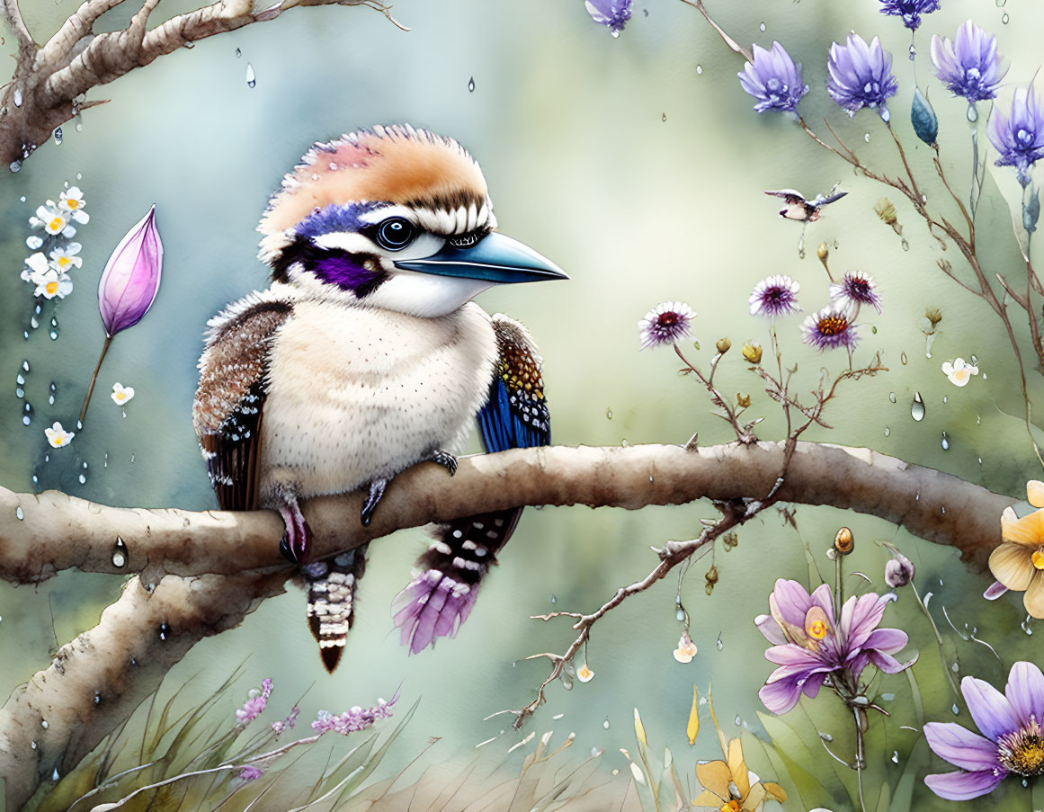 Colorful bird illustration perched on branch with large eyes and purple flowers.