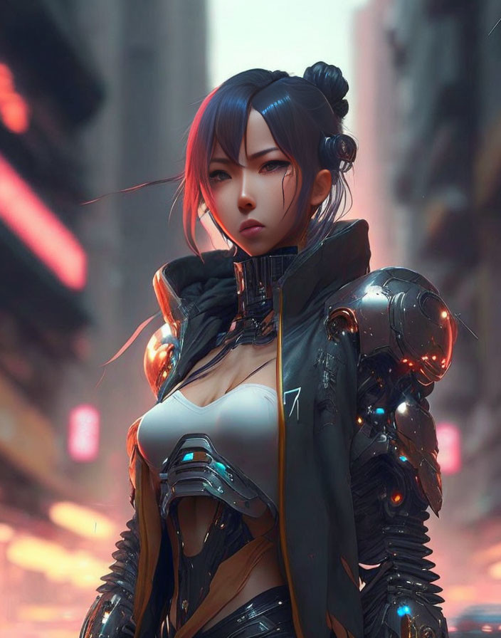 Futuristic digital artwork of female character in black hair & armor