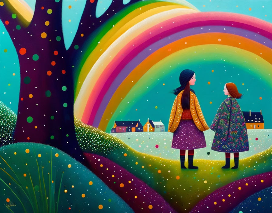 Stylized characters under tree with vibrant rainbow and colorful landscape