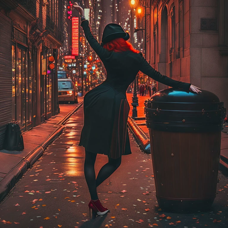 Silhouetted woman in black outfit and red hat on city street at dusk