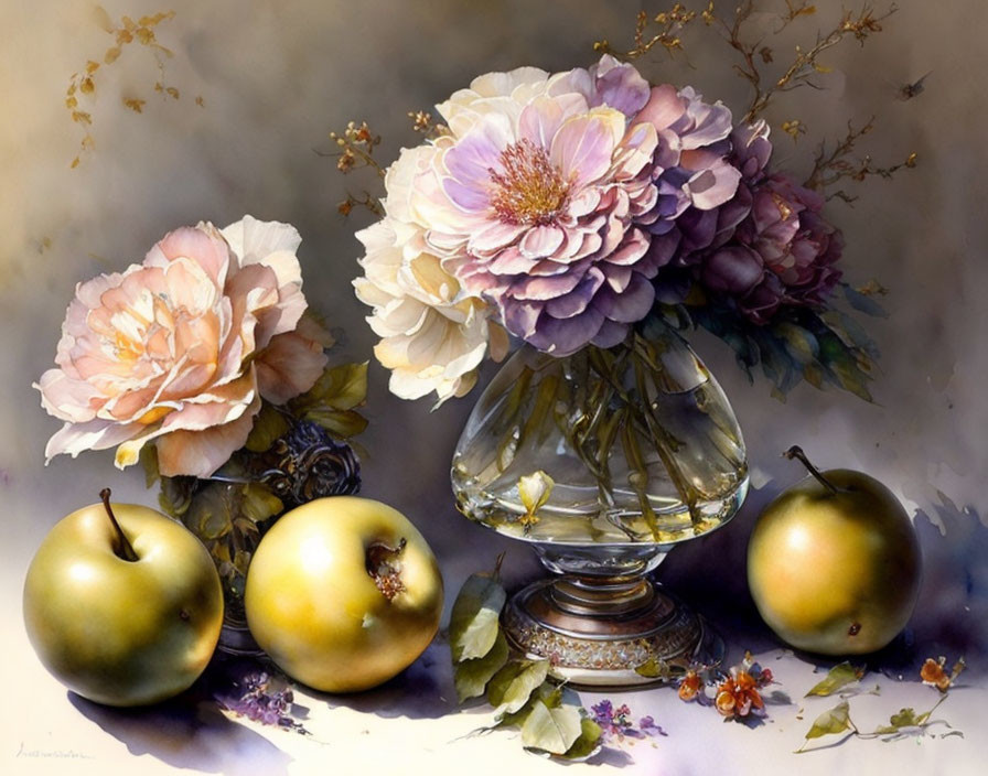 Still life painting: Crystal vase, peonies, green apples, petals on reflective surface