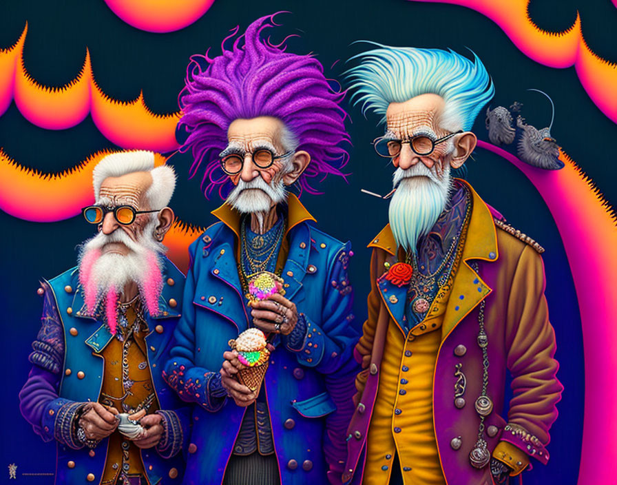 Elderly animated characters with colorful hairstyles in funky clothes