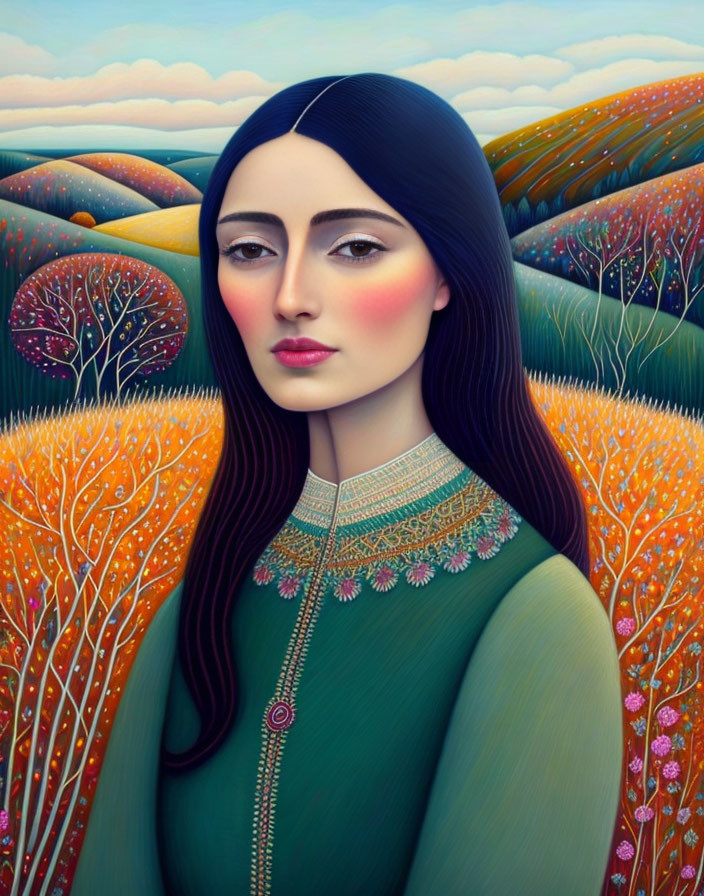 Woman with Long Black Hair in Surreal Landscape Portrait