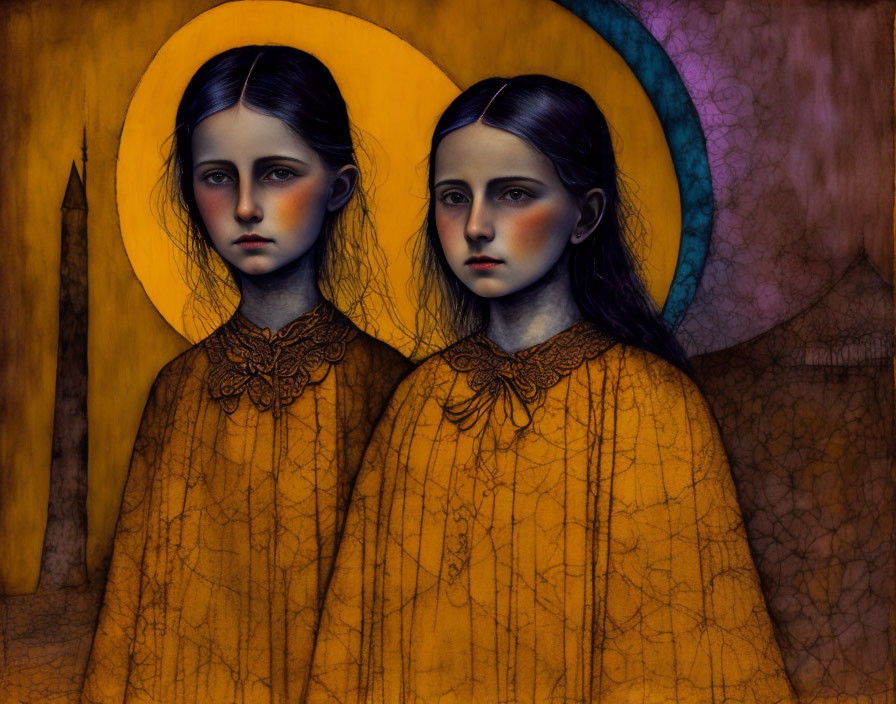 Illustrated girls in yellow cloaks with lace collars on muted background