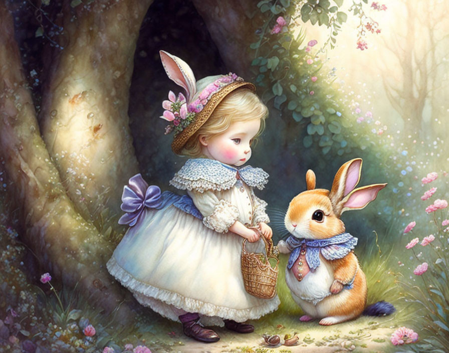 Whimsical vintage girl with rabbit ears in forest setting