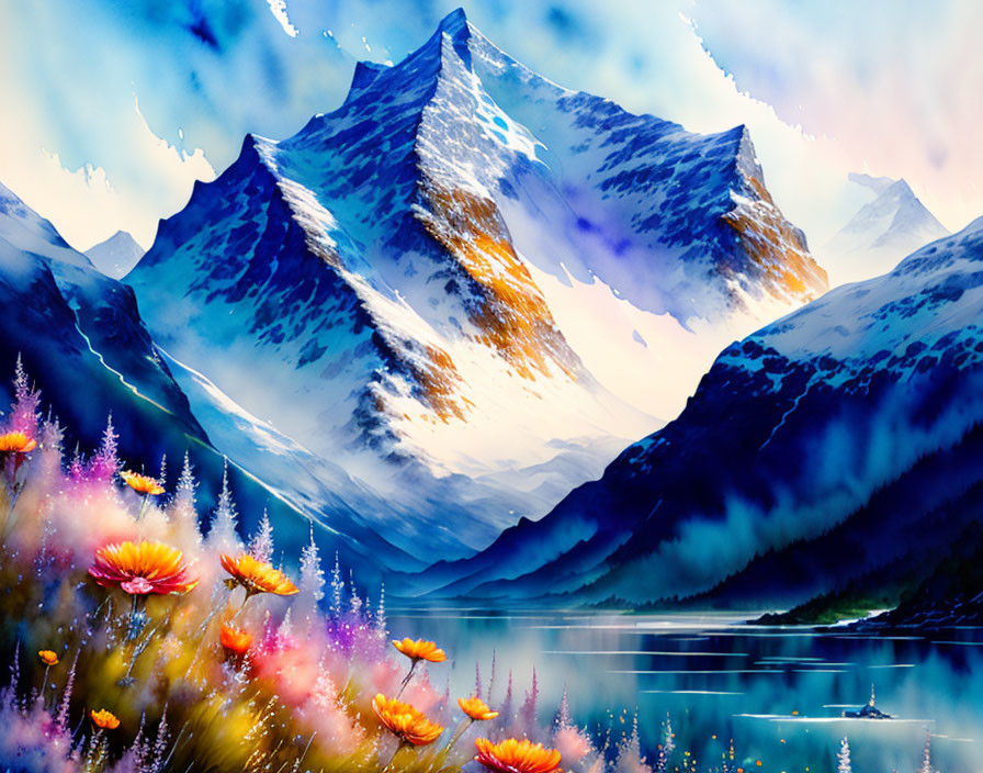 Scenic painting of snow-capped mountains and lake flora