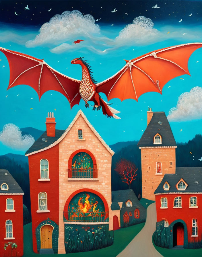 Fantastical painting: Dragon flying over red-roofed houses at night