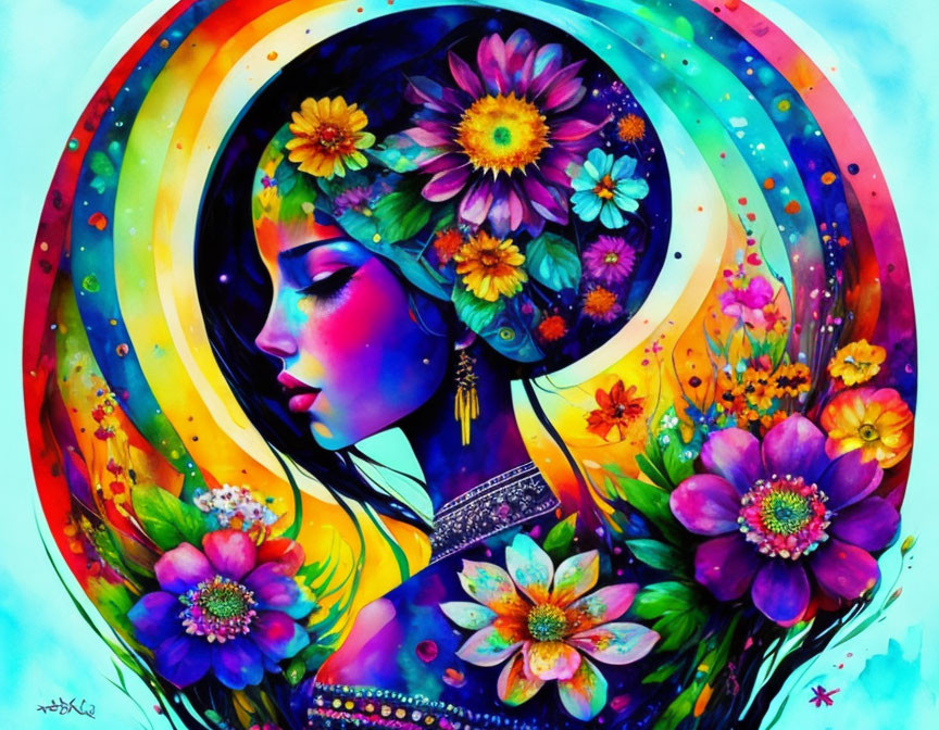 Colorful portrait of woman with flowers in hair against vibrant rainbow backdrop