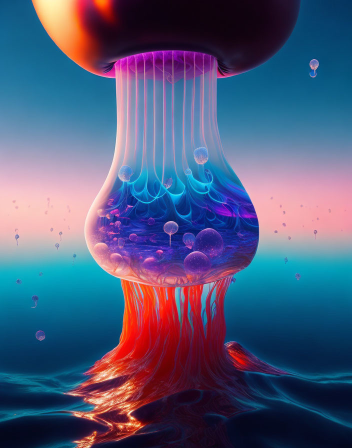 Colorful Jellyfish Artwork: Pink and Blue Glow in Ocean Sunset