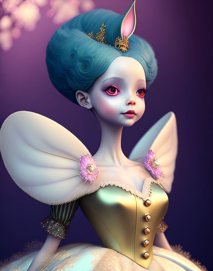 Whimsical fairy digital artwork with translucent wings and blue hair