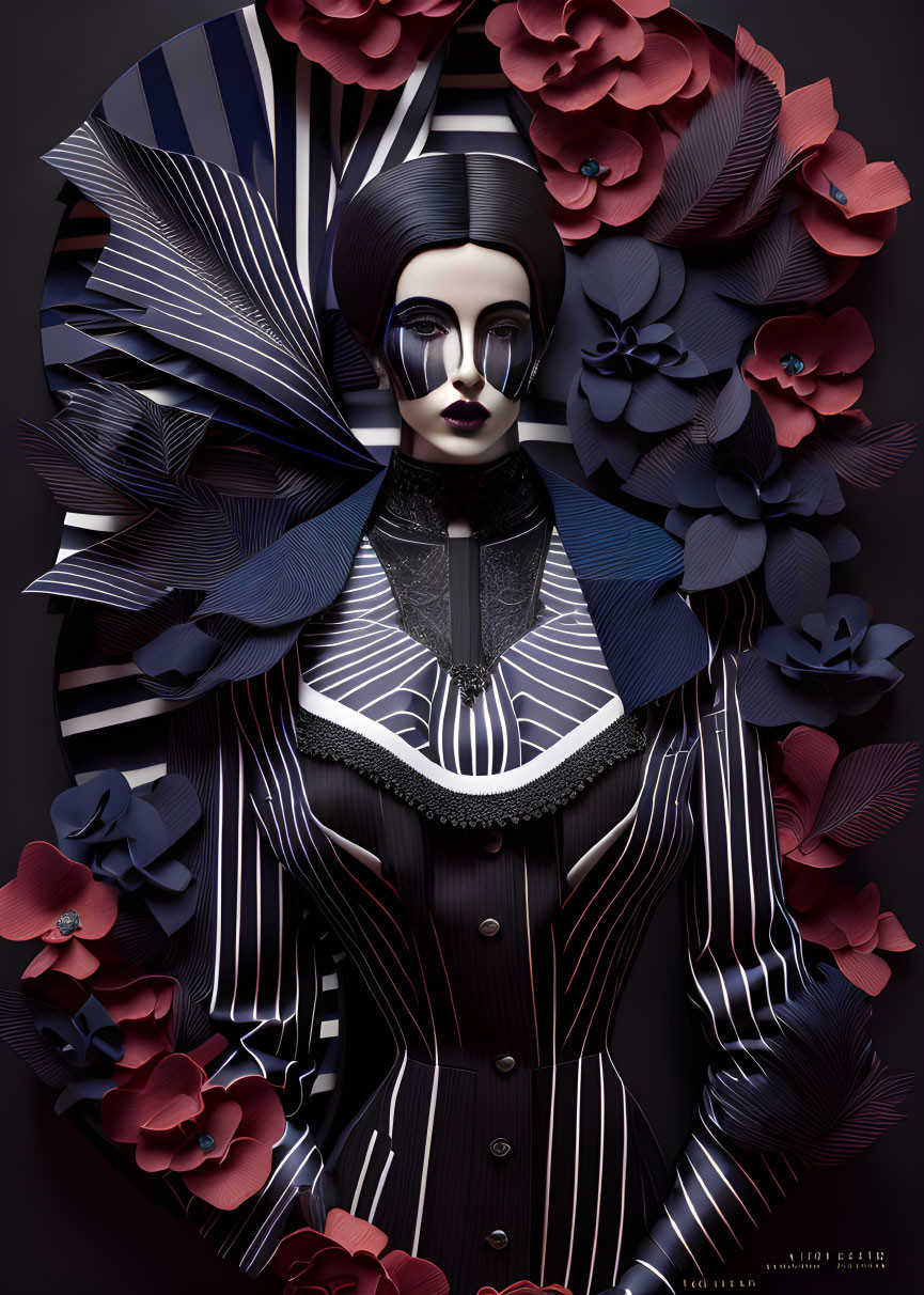 Stylized gothic portrait of a woman with porcelain skin and dark lips