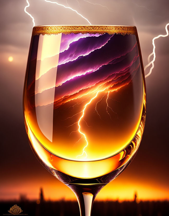 Glass of Wine Reflecting Lightning and Sunset in Dramatic Sky